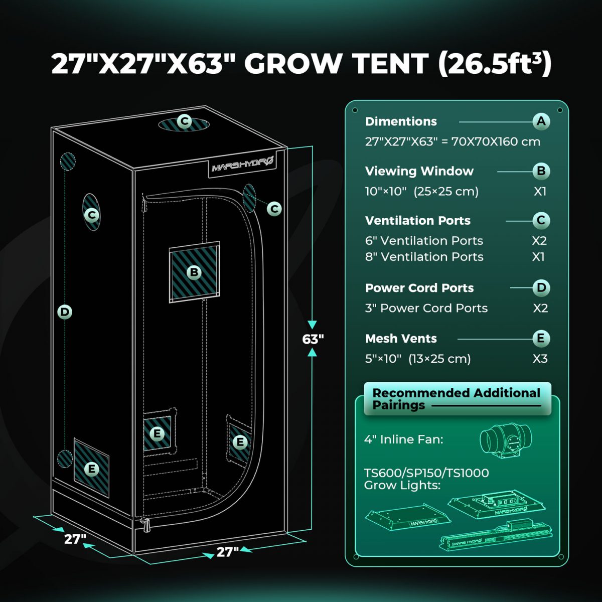 27x27x63(70x70x160CM)-mars hydro grow tent detailed information