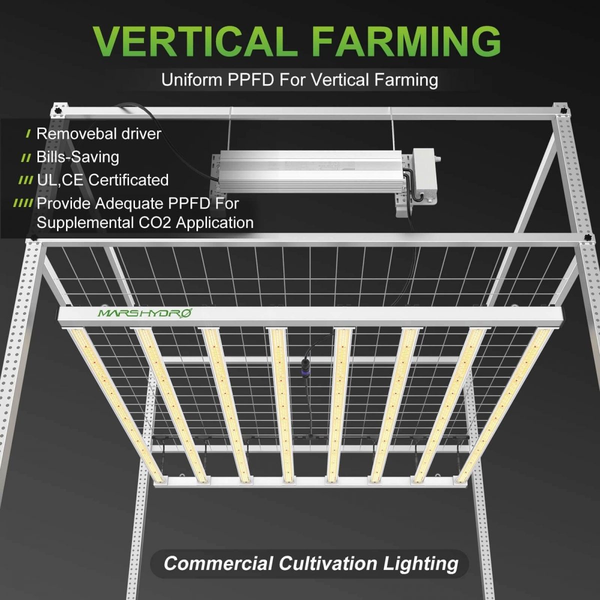 Mars Hydro FC-E8000 is born as commercial cultivation lighting, and its uniform PPFD is optimal for vertical farming and multi-rackings with supplemental co2