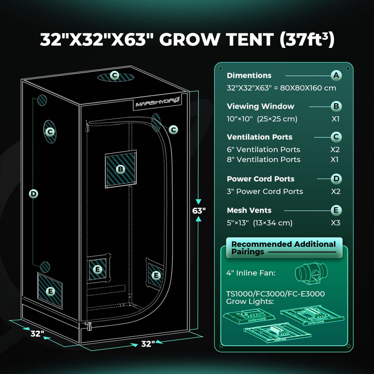 2.6'x2.6' 32''x32''x63'' mars hydro grow tent with recommand light