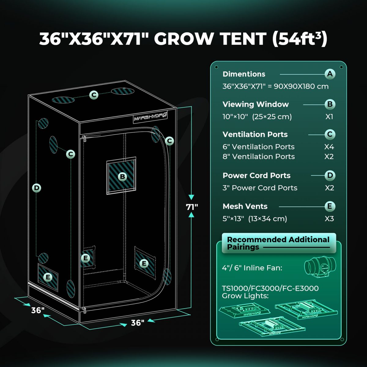 2.6'x2.6' 32''x32''x63'' mars hydro grow tent with recommand light